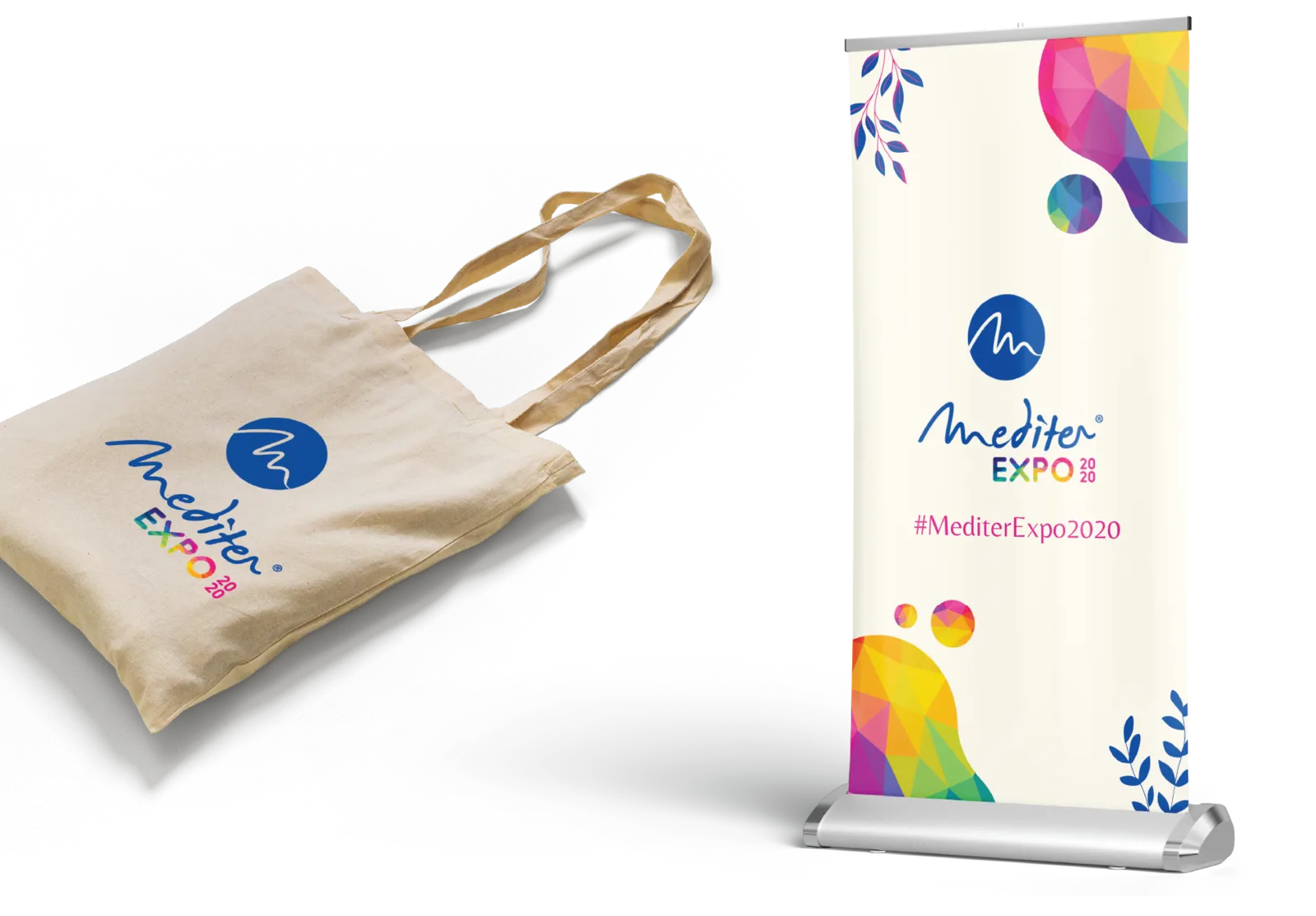 A canvas tote bag and a colourful roll-up banner for Mediter Expo 2020
