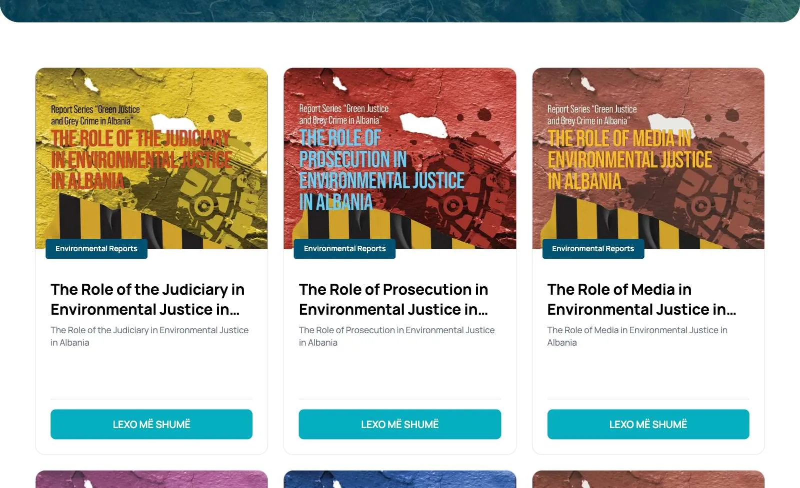 The reports page: covers of “The Role of the Judiciary”, “The Role of Prosecution” and “The Role of Media” in environmental justice in Albania