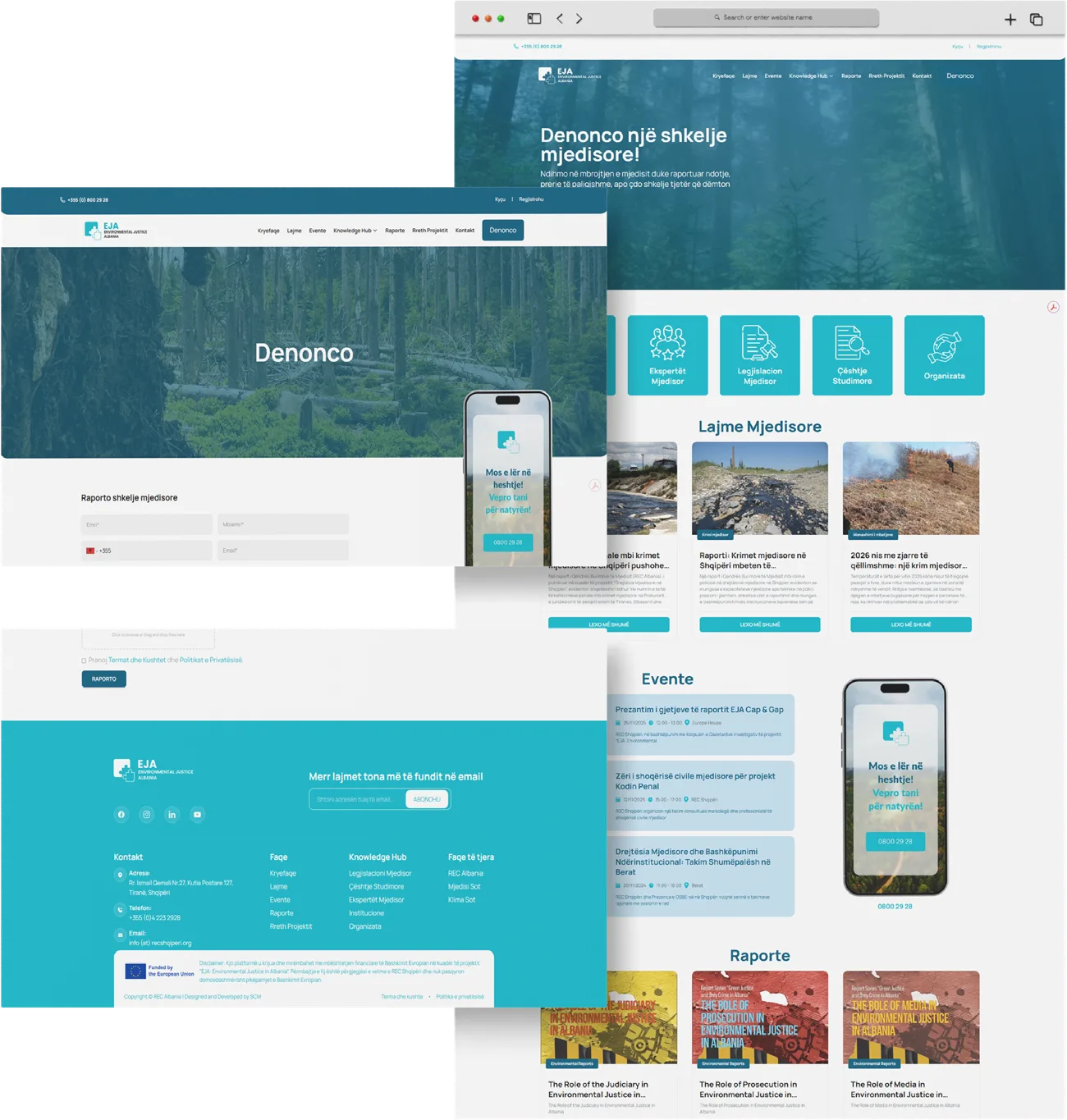 Screens of the EJA Platform: the home page with its module tiles, the Denonco reporting page with a phone, and the site footer