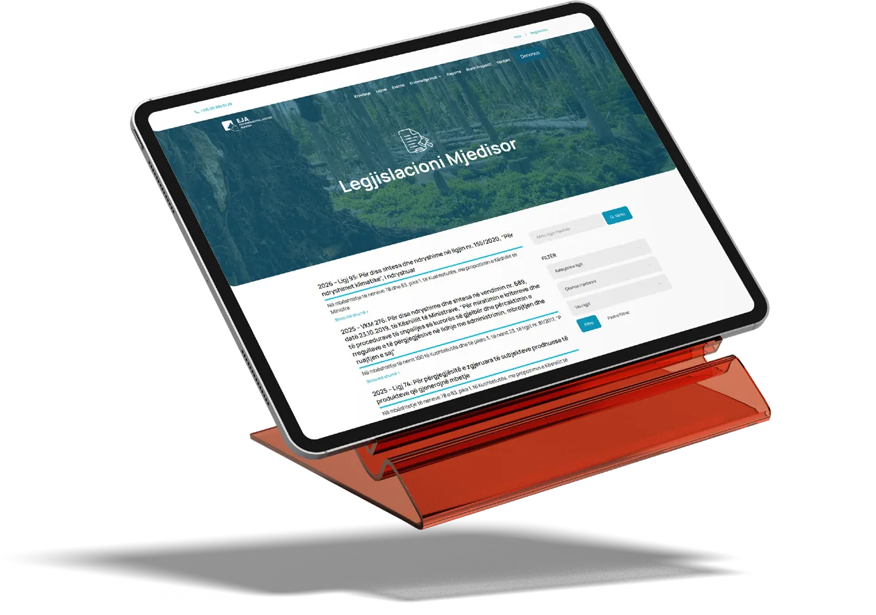 The environmental legislation page of the EJA Platform on a tablet stand