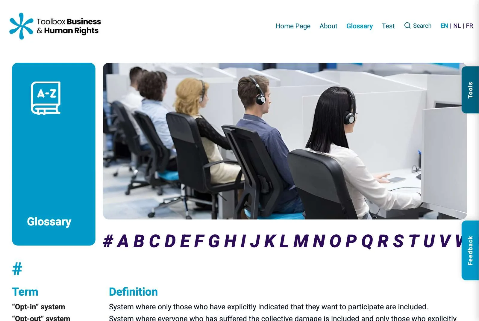 The glossary page: an A–Z index above a table of terms and definitions