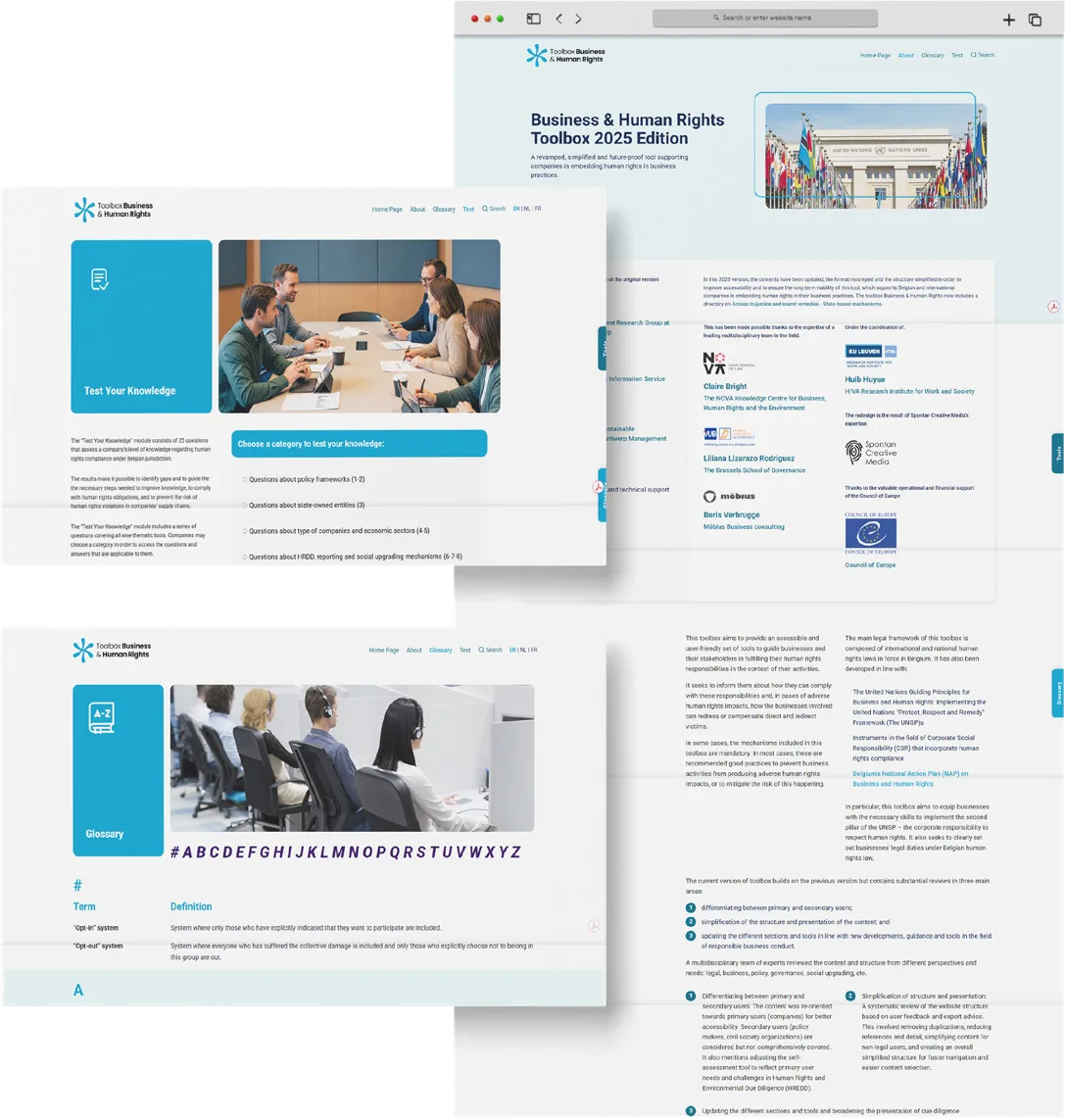 Screens of the toolbox: the 2025 edition page, the “Test your knowledge” module and the A–Z glossary
