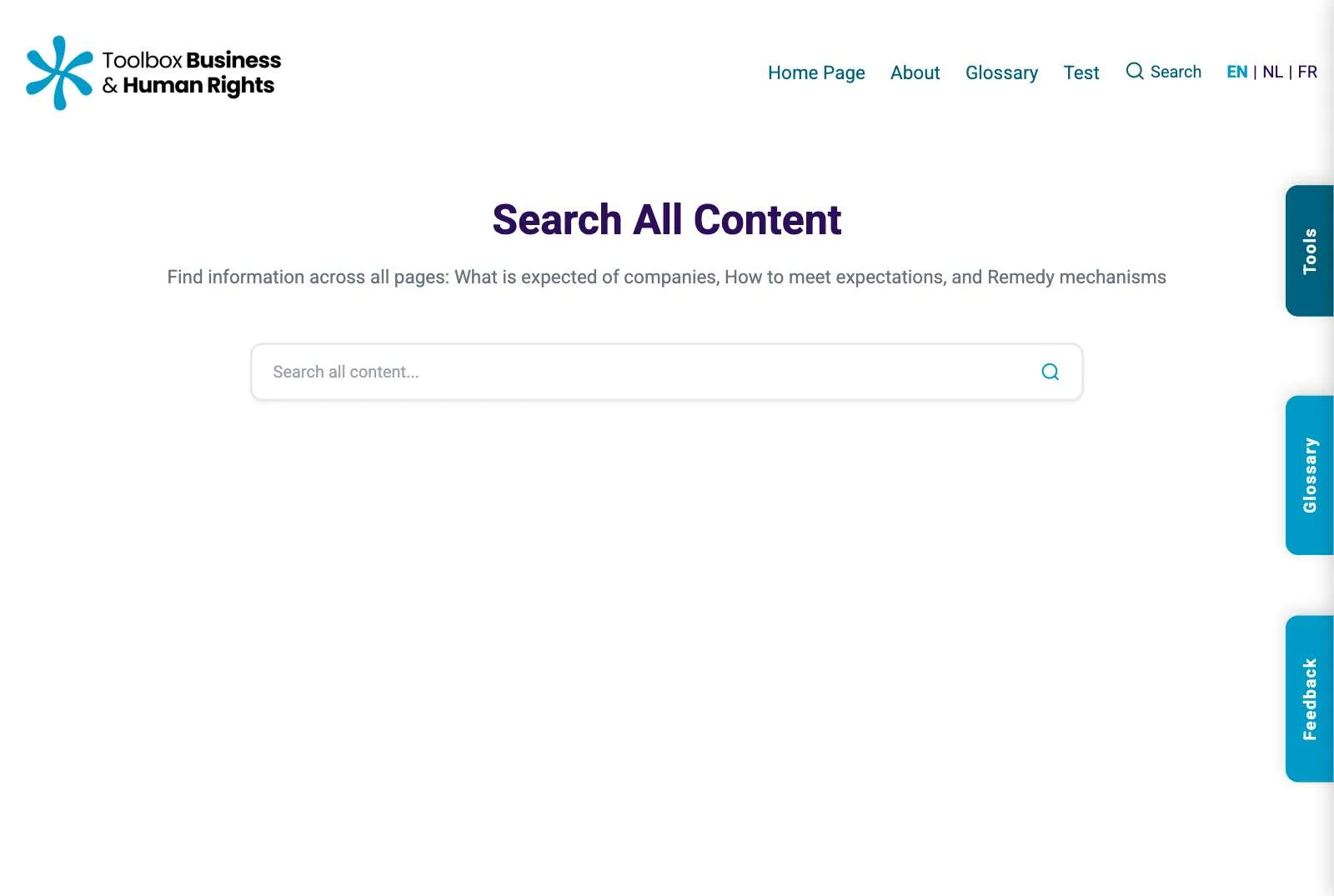 The platform’s “Search All Content” page with a single search field
