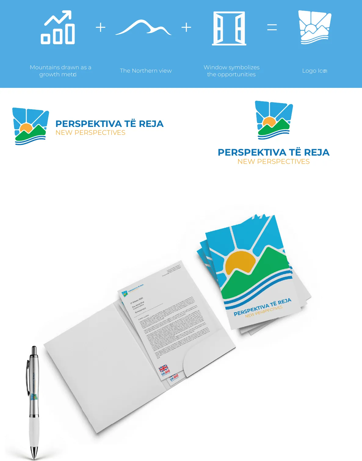 Brandbook highlights: the icon built from a growth chart, the northern mountains and an open window; logo lock-ups and stationery