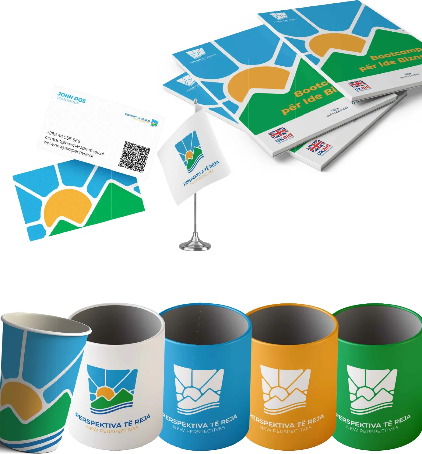 Programme print and visibility items: brochures, business cards, flag and branded cups
