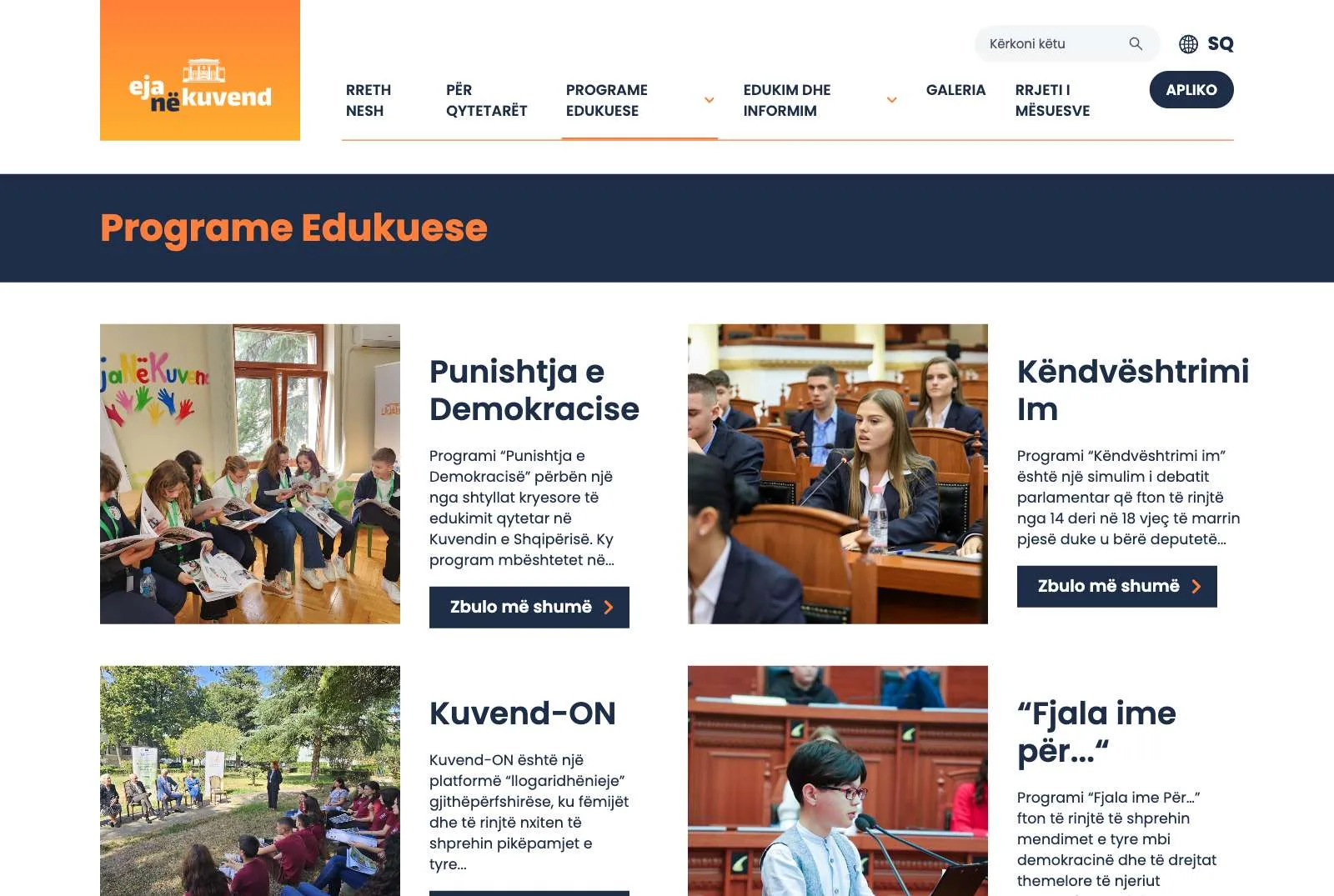 The “Programe Edukuese” page: Democracy Workshop, “My Perspective”, Kuvend-ON and “My Word”, each with a photo of students