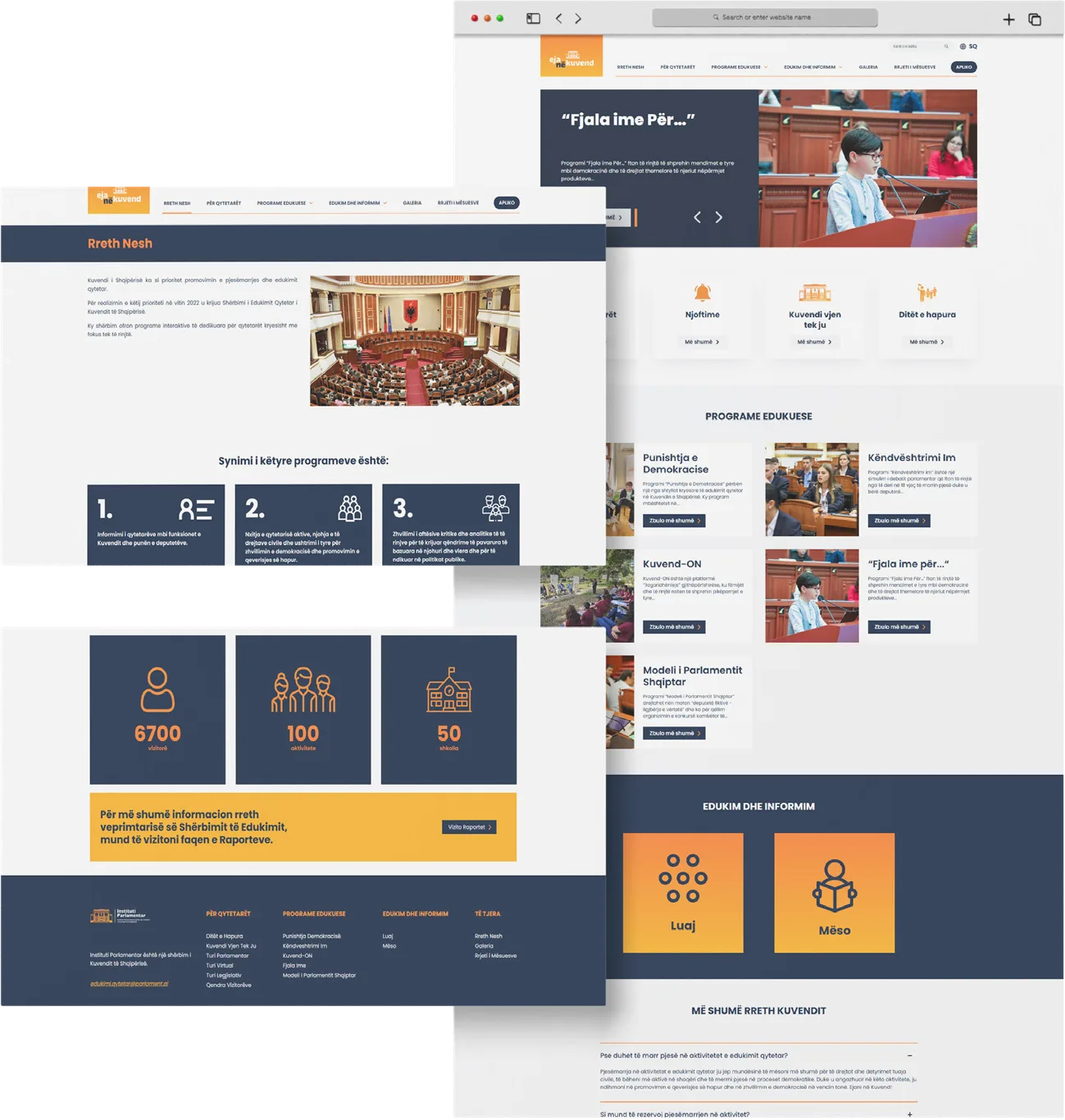 Screens of the platform: the home page, the Civic Education Service page with its programmes, and visitor figures
