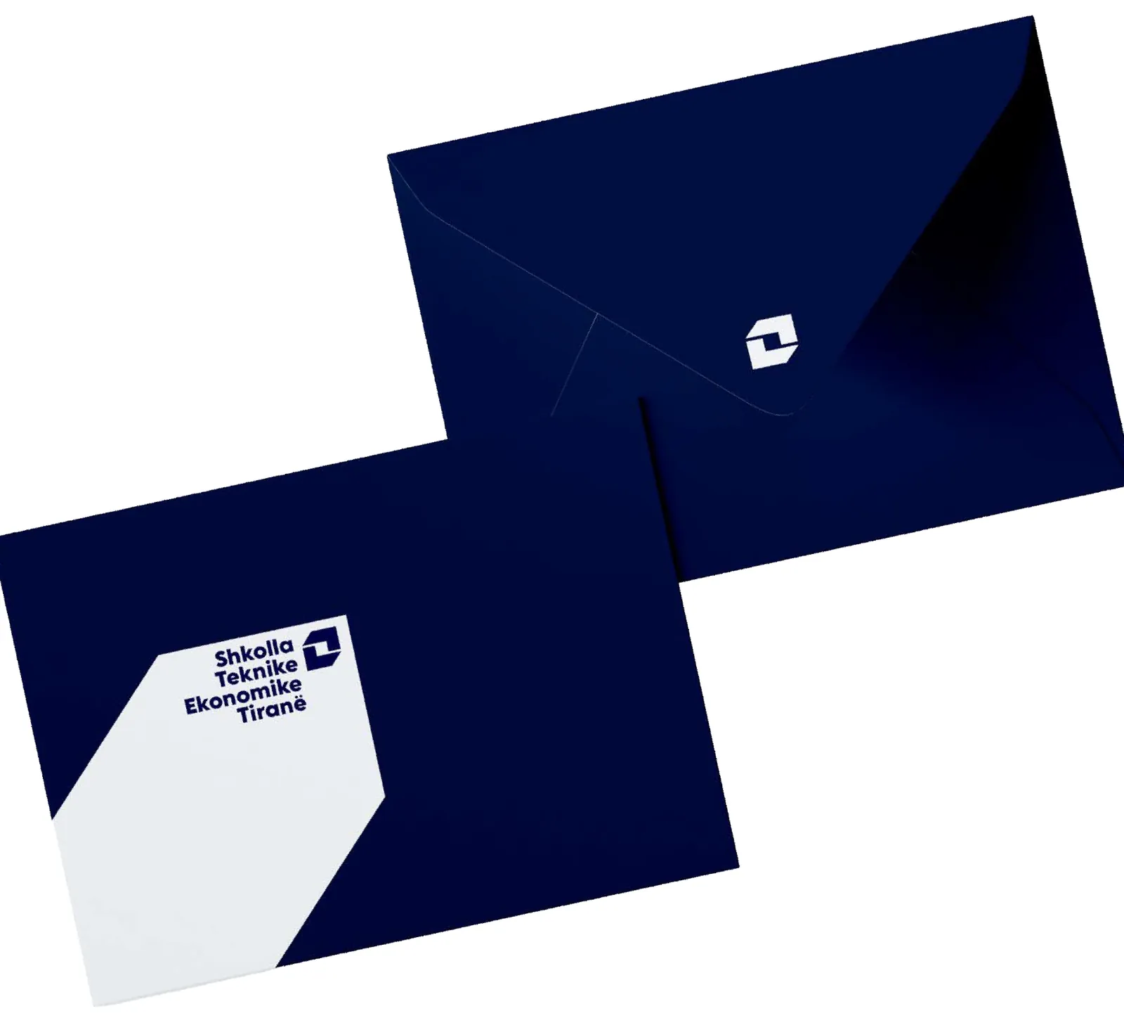 Navy envelopes with the logo icon and the stacked word mark